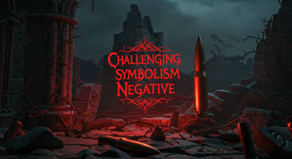 Foreboding dark fantasy painting: "Challenging Symbolism Negative" in small, stark typography; shadowy spectral bullet within crumbling gothic twilight structure, surrounded by thorny vines and ominous red runes, evoking a mysterious, dangerous atmosphere.