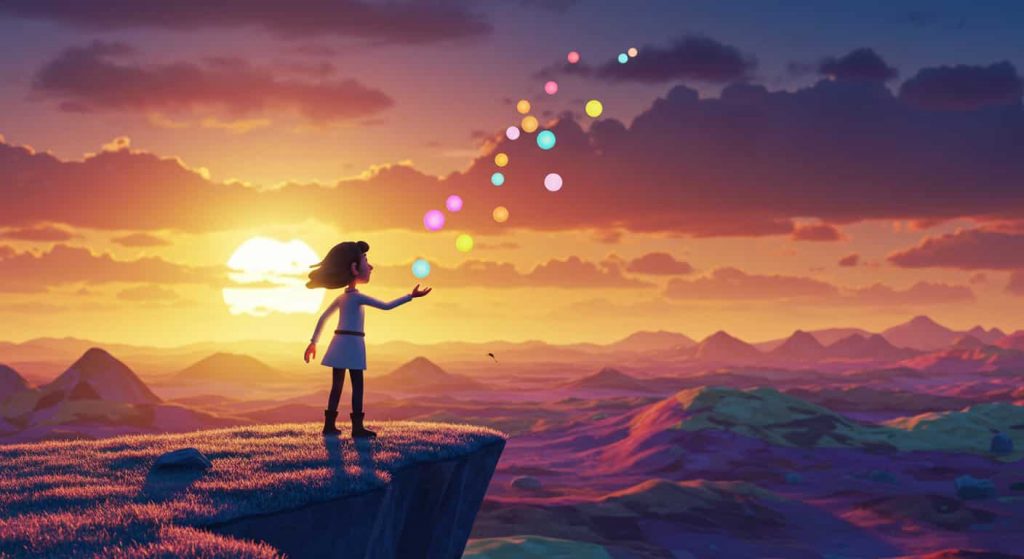 A Pixar-style 3D image of a woman releasing glowing orbs into a colorful landscape, symbolizing the cleansing and renewal aspect of the menstrual-birthday alignment.