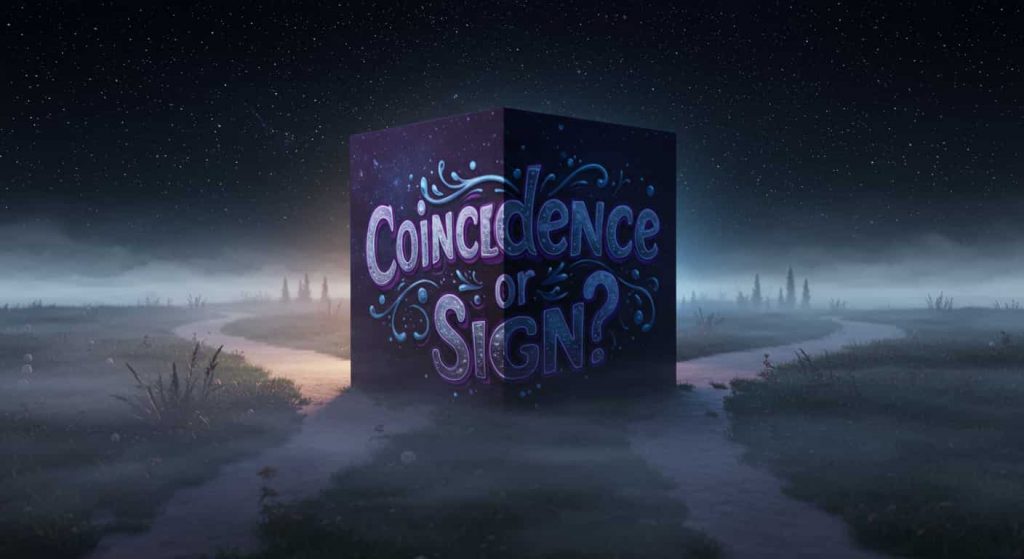 Mysterious image pondering coincidence versus sign when seeing an ex, showing a misty path forking into two directions under a starry sky, with the question "Coincidence or Sign?" in stylized typography.