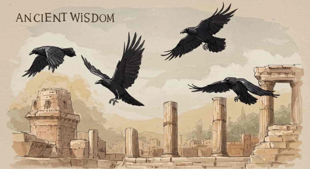 Impressionist watercolor and pen sketch of four crows flying over ancient ruins, symbolizing ancient beliefs and cultural interpretations of crows.