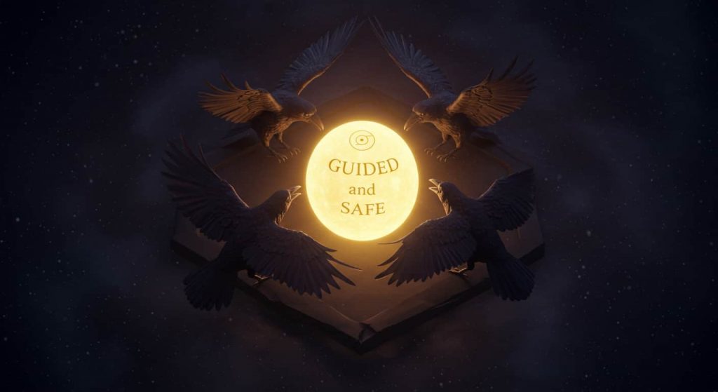 3D conceptual art shows four crows forming a protective square around a glowing orb, symbolizing divine protection and guidance.