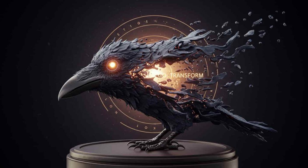 3D dark fantasy art portrays a crow transforming, symbolizing change, letting go, and spiritual growth.