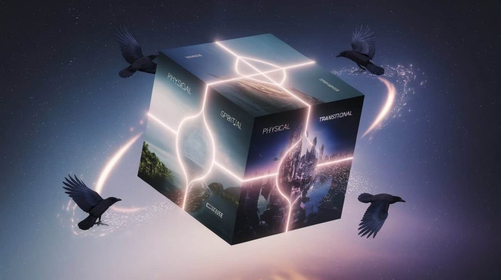A surreal 3D cubes showing physical and spiritual realms on its faces, with four crows flying through a transitional space, leaving trails of stardust and energy connections.