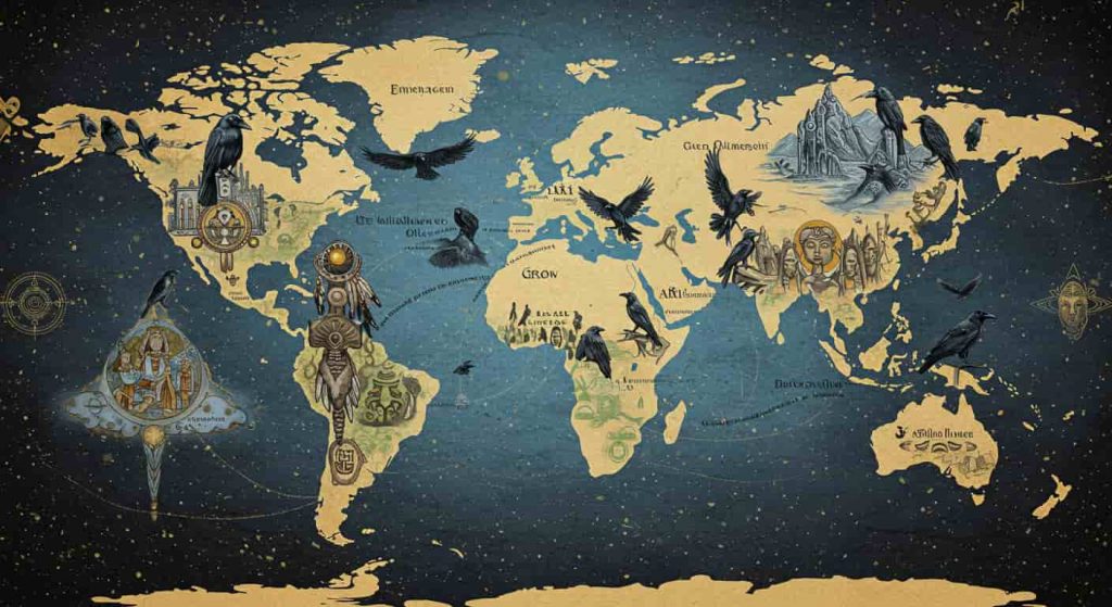 An impressionistic world map sketch showing diverse cultural depictions of crows as spiritual messengers, connected by flowing lines to illustrate universal symbolism.