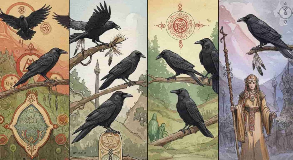 An impressionist watercolor and pen sketch showing four cultural scenes with three crows each, representing Native American, Celtic, Eastern, and modern pagan interpretations of crow symbolism.