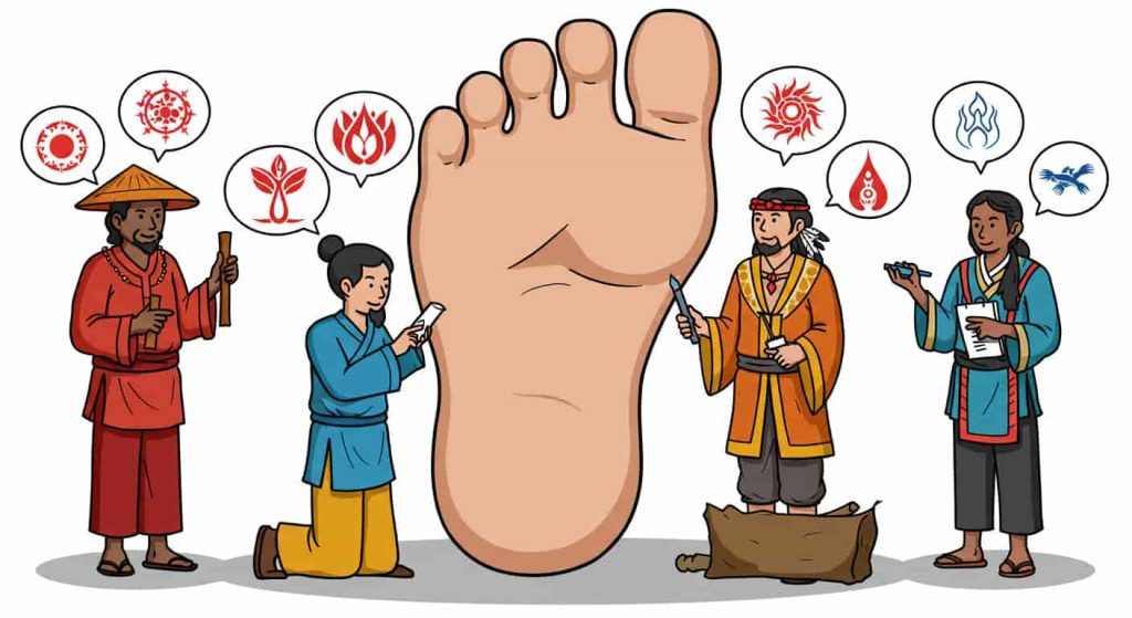 Comic-style illustration of four diverse healers examining a giant right foot, each representing different cultural traditions and their interpretations of foot pain.
