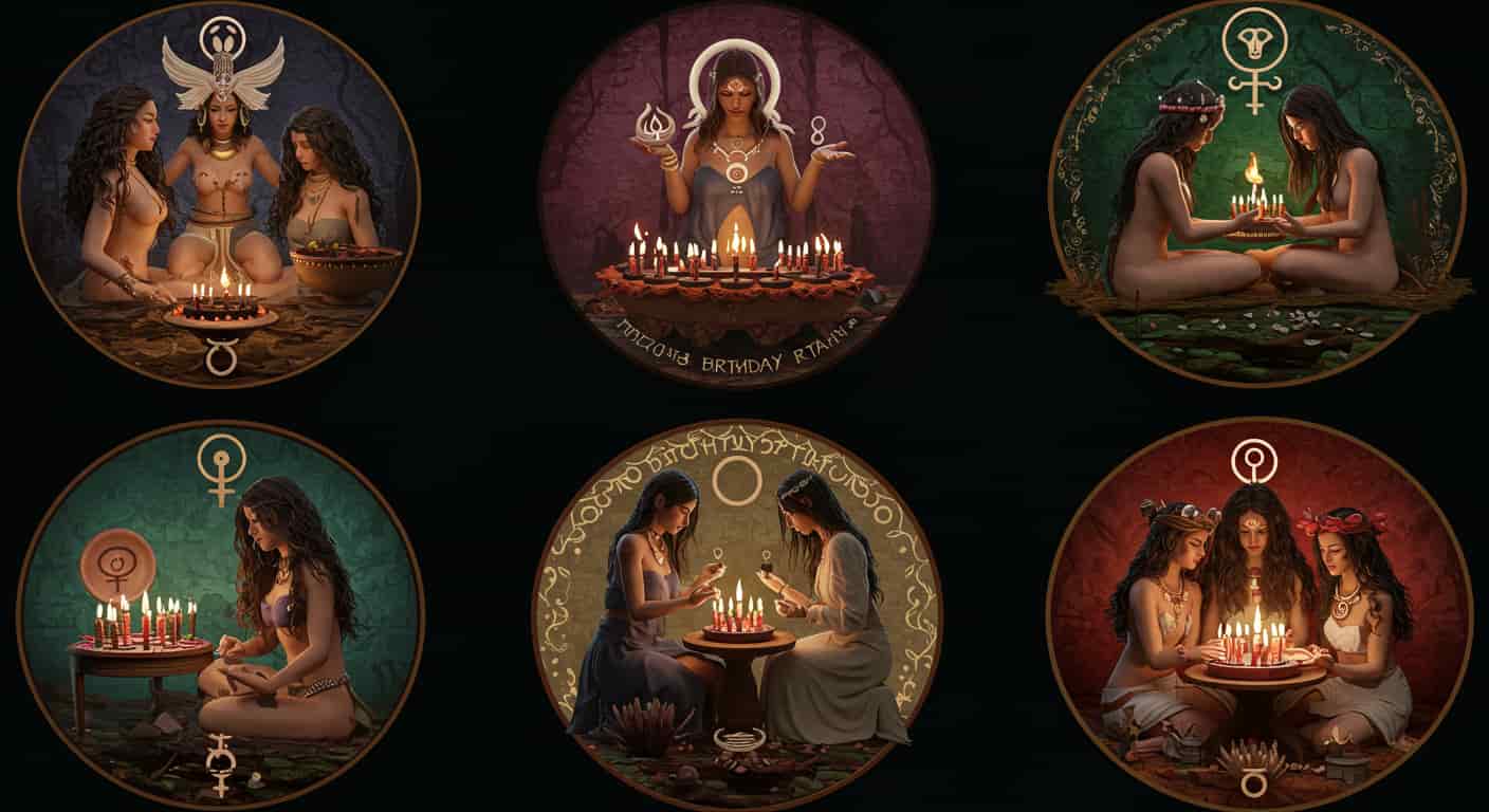 A 3D mage depicting diverse women from various cultures performing menstrual and birthday rituals, illustrating different cultural perspectives on this spiritual alignment.