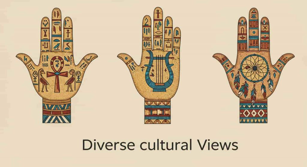 A mosaic depicting three hands representing different cultural interpretations of hand cuts: Egyptian, Greek, and Native American. Text reads: "Diverse cultural views".