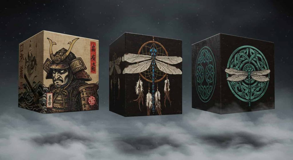 3D cubes with three faces showing different cultural interpretations of dragonflies: a Japanese samurai, a Native American dreamcatcher, and a Celtic knot, representing the cultural significance of dragonflies.