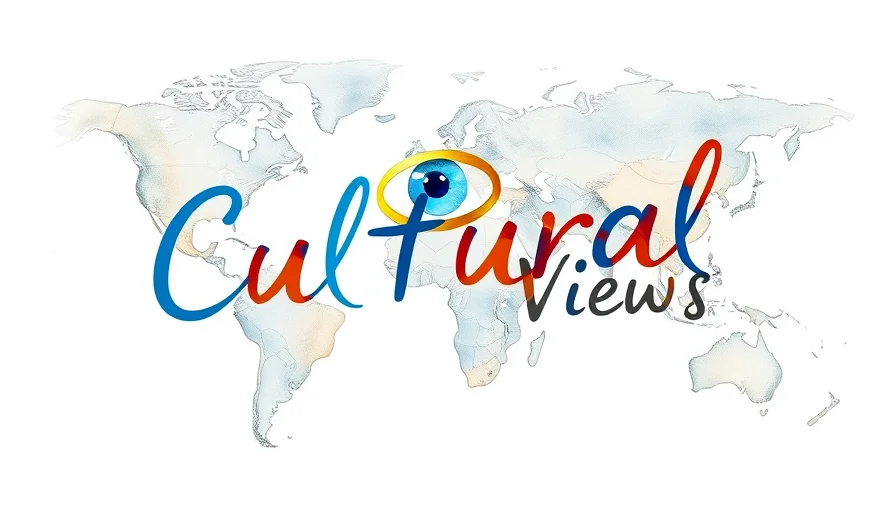Impressionist watercolor and pen sketch for "Cultural Interpretations" section, showing a world map with cultural landmarks, a central blue eye and golden ring, and the text "Cultural Views."