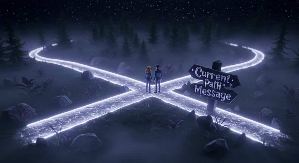 Dark fantasy painting symbolizing a message about current path when seeing an ex, showing a misty crossroads at night with glowing ethereal pathways diverging into fog in front of a man and a woman standing at the center, with the phrase "Current Path Message" in dark fantasy typography etched on a signpost.