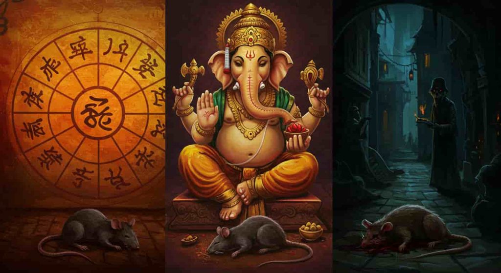 An oil painting showing three cultural interpretations of dead rats: Chinese zodiac, Hinduism (Ganesha), and Western folklore, representing different cultural and religious perspectives.