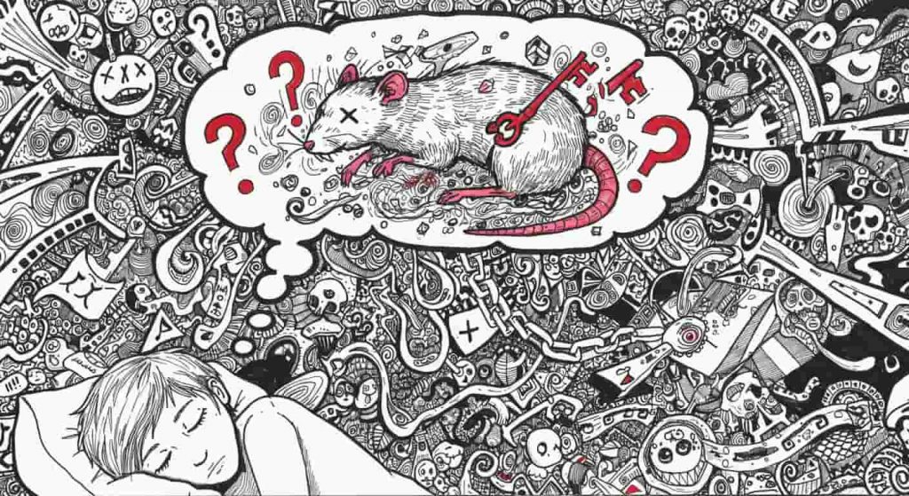 A doodle sketch of a sleeping person dreaming of a dead rat surrounded by symbolic elements, representing the symbolic interpretations of dreaming of dead rats.