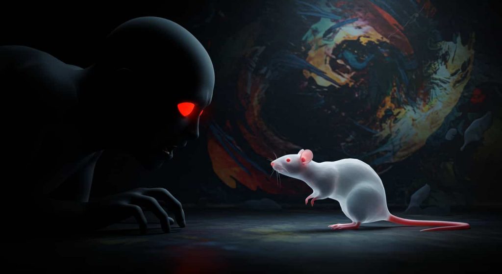 A dark fantasy 3D render of a shadowy figure confronting a small rat, symbolizing facing fears and shadows associated with the spiritual meaning of a dead rat.