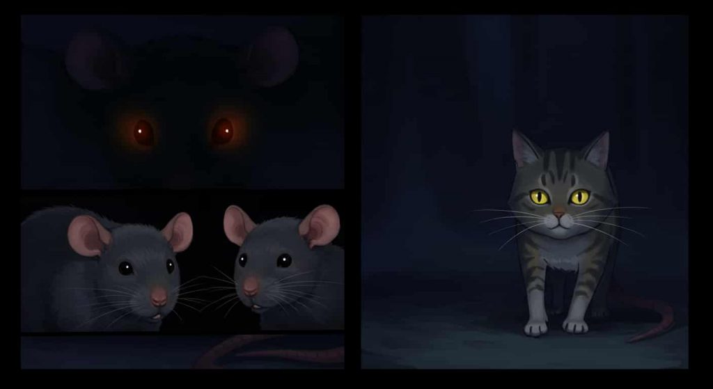 A cartoon-style image of a Two rats in the dark being approached by a cat in the dark.