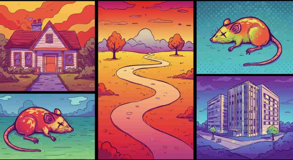 A pop art style image divided into three sections (house, path, office) each featuring a dead rat, symbolizing the importance of location and context in interpreting the meaning of dead rat encounters.