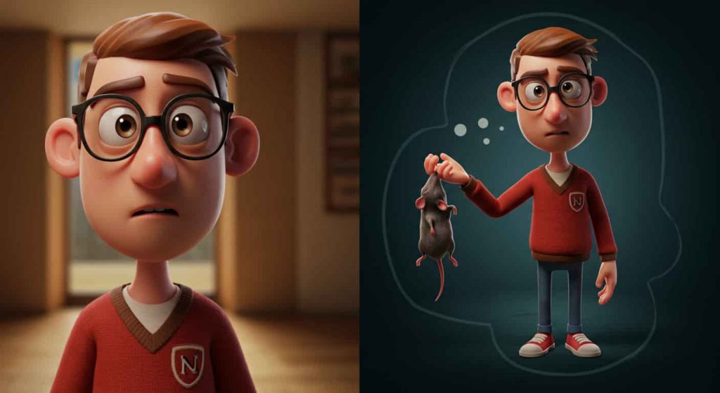 Pixar-style cinematic 3D cartoon image of a person. The image is split. One side shows real life and another side of image is showing his dream. The person in his dream shows he is holding a dead rat in his hand.