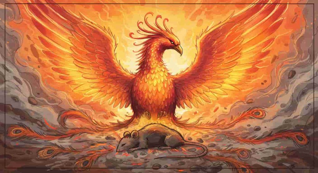 An impressionistic watercolor sketch of a phoenix rising from ashes, with the faint outline of a dead rat, symbolizing personal transformation related to seeing a dead rat.
