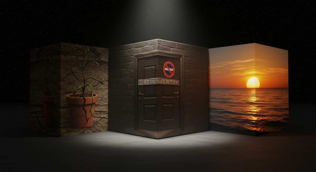 A 3D rendering of a cube showing a dying plant, a closed door, and a setting sun, symbolizing release and endings associated with the spiritual meaning of a dead rat.