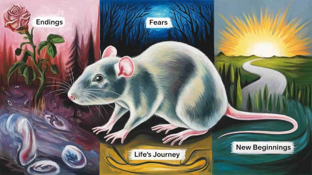 A 3D painting of a slightly translucent, ghostly rat is superimposed over a vibrant, abstract landscape representing various life aspects. The landscape includes a wilting rose with the label "endings", a dark forest with the label "fears", a winding road with the label "life's journey", and a bright sunrise with the label "new beginnings". The rat's ghostly form suggests its symbolic, rather than literal, presence. The rat is rendered with soft, blended colors and strong, defining pen lines.