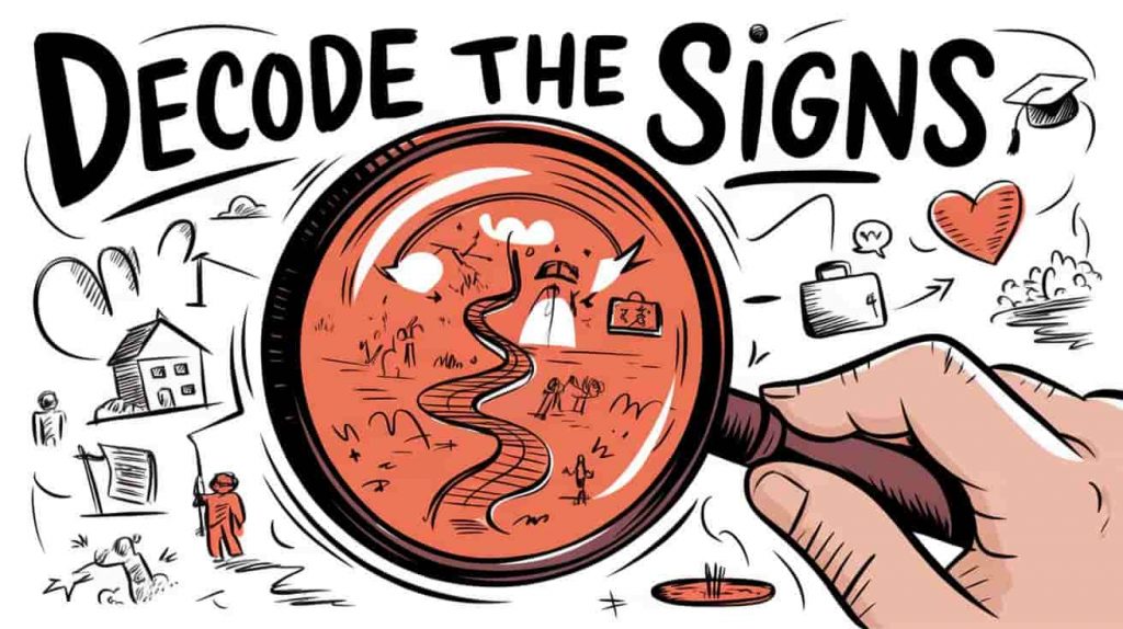 A doodle sketch of a hand holding a magnifying glass over a nickel, revealing a hidden world within, surrounded by sketches of various life circumstances, symbolizing the process of interpreting the spiritual meaning of finding nickels based on personal context.
