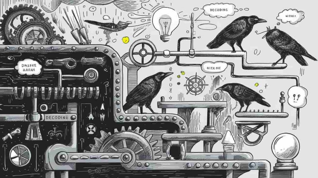 A whimsical doodle sketch depicting a person's mind as a machine processing spiritual signs and omens, with emphasis on four crows and various symbols of insight and understanding.
