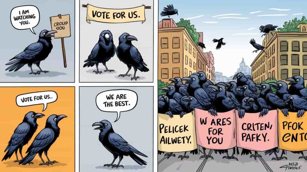  An editorial cartoon style comic with four panels showing different crow encounters: single, pair, three, and group, with exaggerated expressions and symbols conveying their distinct meanings.