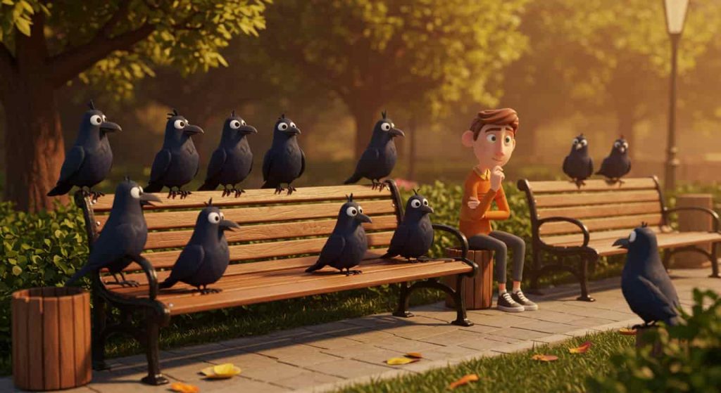 A Pixar-style 3D cartoon scene in a park, showing different numbers of crows on a bench, each group with distinct personalities, observed by a thoughtful person.