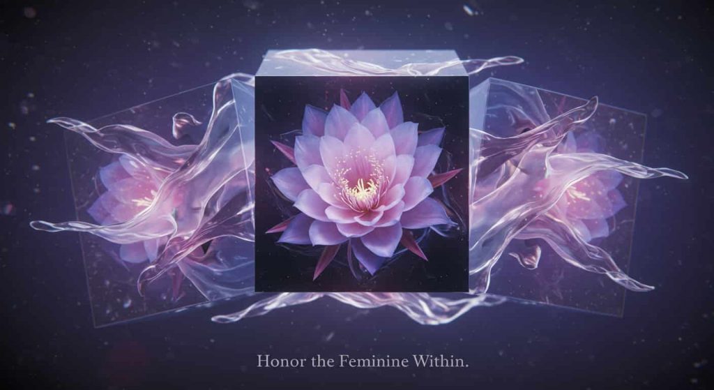 A 3D dark fantasy rendering of a night blooming cereus flower surrounded by flowing, ethereal forms, representing the divine feminine, intuition, and nurturing energy.