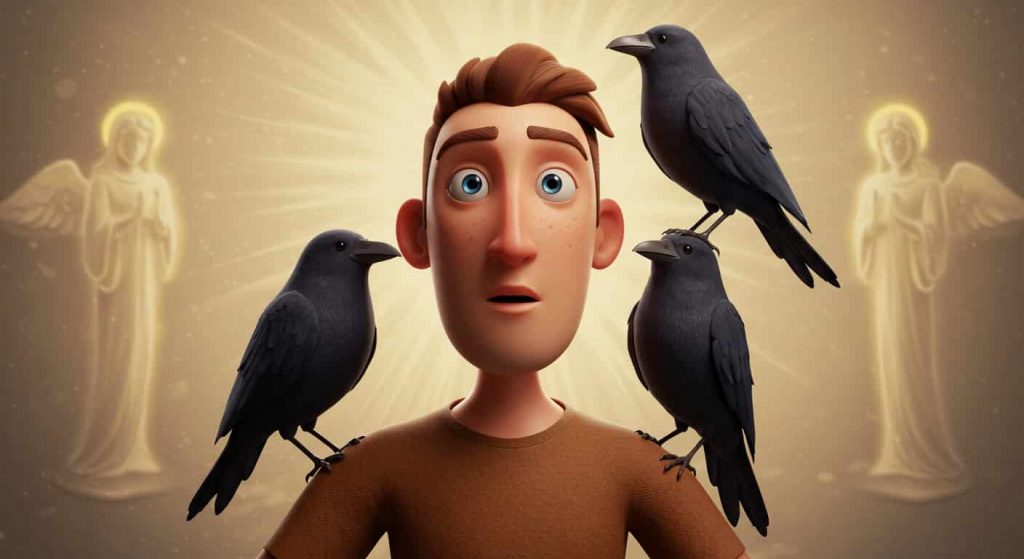 A Pixar-style 3D cartoon showing three crows perched on a surprised but peaceful person surrounded by a protective glow, with subtle guardian imagery in the background, symbolizing divine guidance.