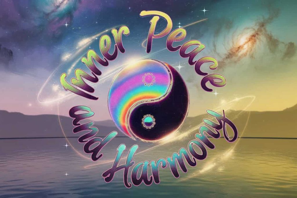 A 3D artwork of a yin-yang symbol encircled by a double rainbow, against a cosmic background, representing balance. The text "Inner Peace and Harmony" is in flowing, golden handwriting, with glowing particles, photographic balanced stones, a reflecting pool, and a landscape.