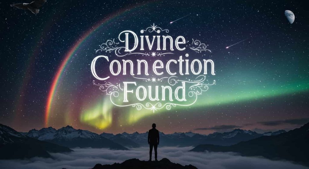 A dark fantasy 3D rendering of a person on a mountaintop looking at a double rainbow merging with a starry galaxy and aurora, representing divine connection. The text "Divine Connection Found" is in glowing, elegant handwriting, with particles, photographic mountains, an eagle, and a moon.