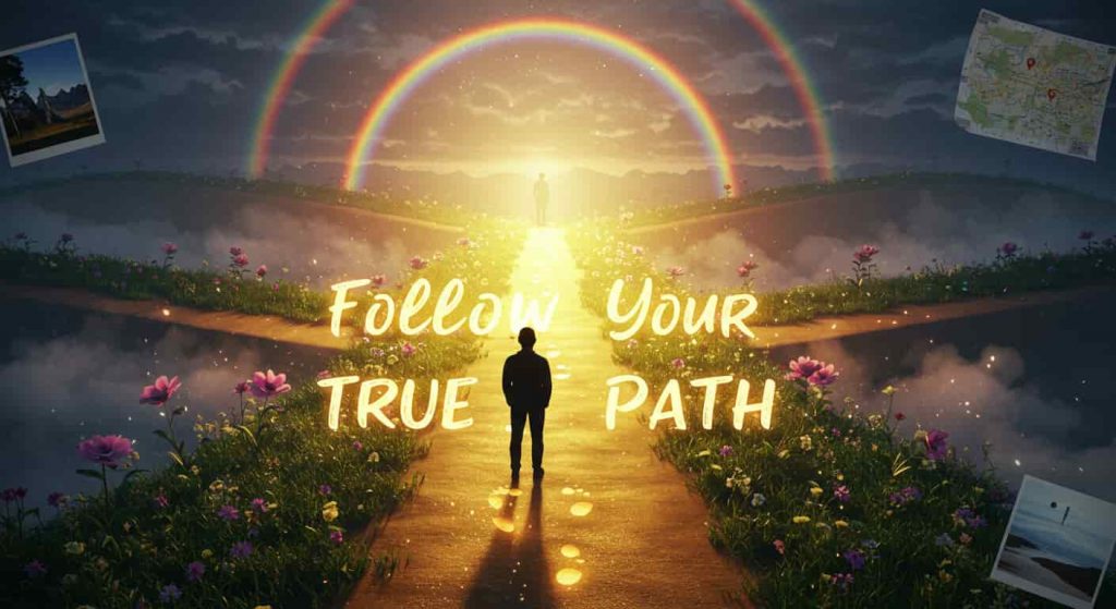 A Pixar-style 3D cartoon of a person at a crossroads, with a double rainbow guiding one path, symbolizing fulfillment. The text "Follow Your True Path" is in clear, golden handwriting, with glowing footprints, a photographic compass, map, and vista.