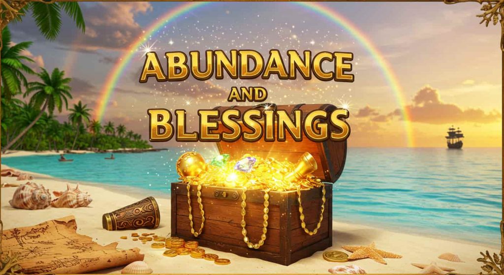 A Pixar-style 3D cartoon of a treasure chest overflowing with gold and jewels on a beach, with a double rainbow, symbolizing good fortune. The text "Abundance and Blessings" is in bold, gold lettering, with sparkles, photographic seashells, starfish, a map, and a ship.