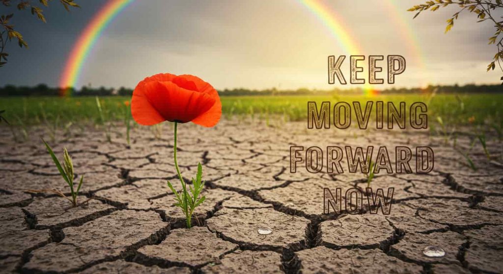 An impressionistic sketch of a red poppy growing from cracked earth with a double rainbow, symbolizing hope. The text "Keep Moving Forward Now" is in strong, textured handwriting, with warm light, a photographic budding plant, raindrop, and a distant field.