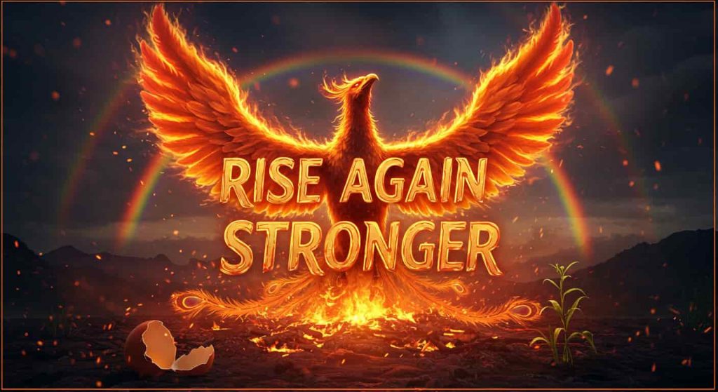 A dark fantasy 3D rendering of a phoenix rising from ashes with a double rainbow, symbolizing second chances. The text "Rise Again Stronger" is in bold, fiery handwriting, with embers, a photographic eggshell, plant, and mountains.