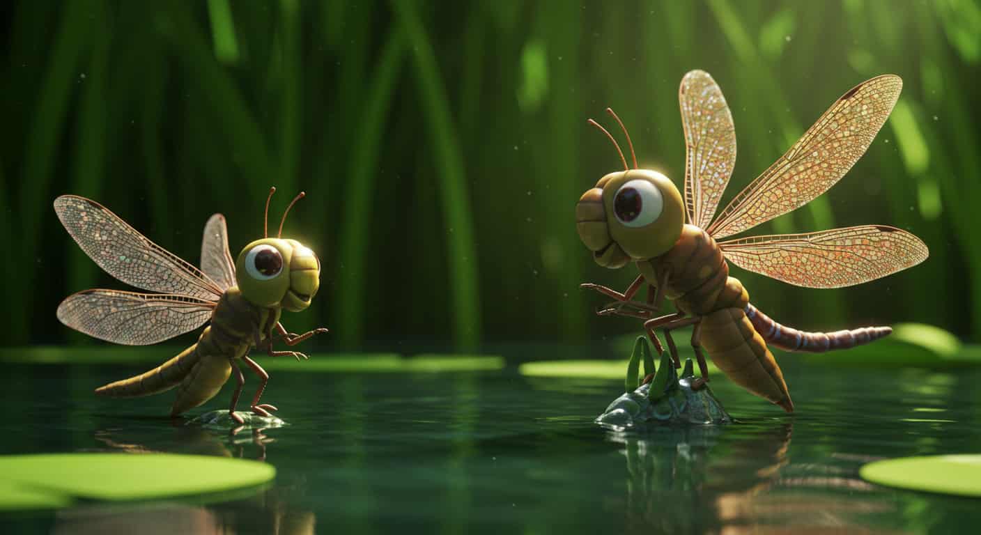 Two Pixar-style dragonflies, one fully transformed and the other emerging from its nymph stage in a pond, representing double the transformation.