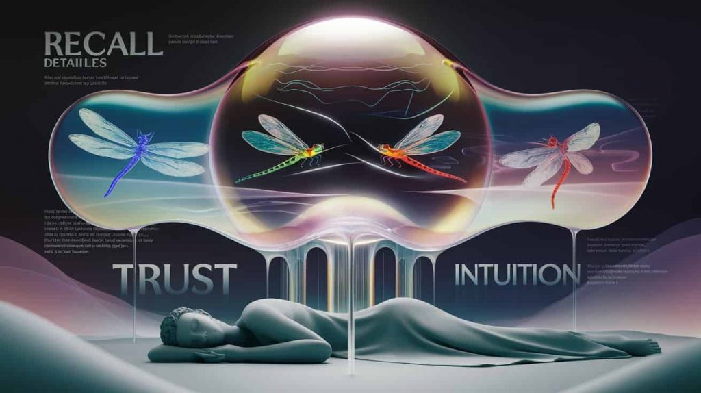 A surreal dreamscape with a large soap bubble containing two dragonfly scenes: two dragonflies flying harmoniously and two dragonflies in conflict, representing different dream interpretations, with a sleeping figure below and text elements integrated into the background.
