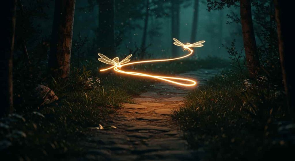 Two glowing, ethereal dragonflies crossing a path in a dark, mystical forest, leaving trails of light, depicting specific encounter scenarios with two dragonflies.