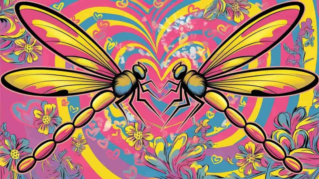 Two stylized, brightly colored dragonflies in a pop art style, their wings forming a heart shape, surrounded by swirling hearts and flowers, symbolizing love and relationships.
