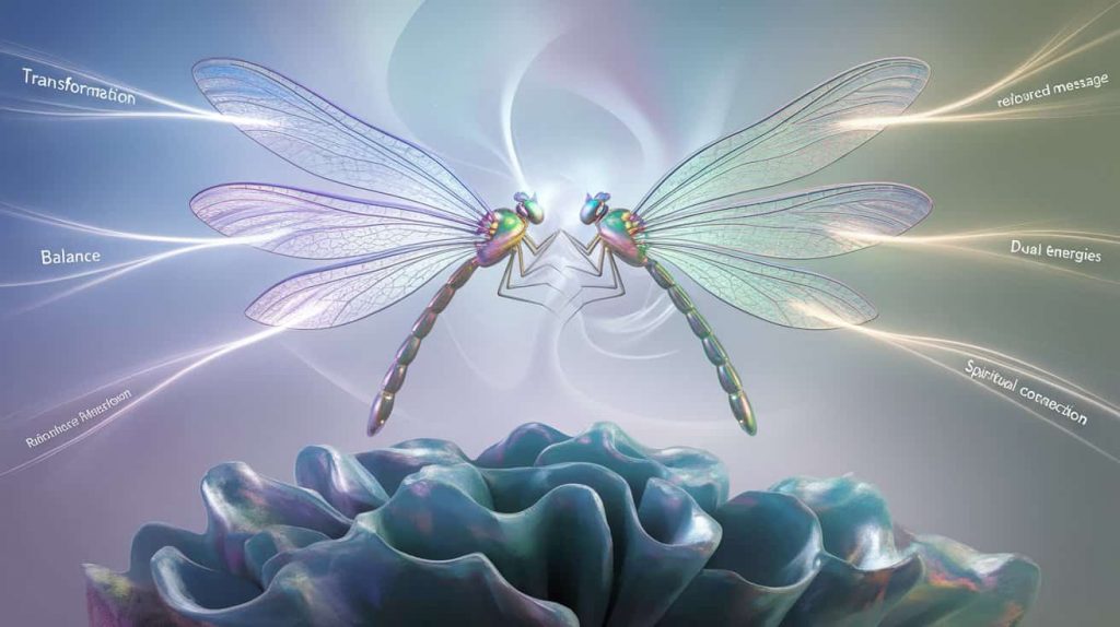 A stylized, iridescent dragonfly with seven lines of light emanating from its wings, each morphing into a symbol representing transformation, partnership, balance, reinforced messages, dual energies, good fortune, and spiritual connection, against a mystical background.