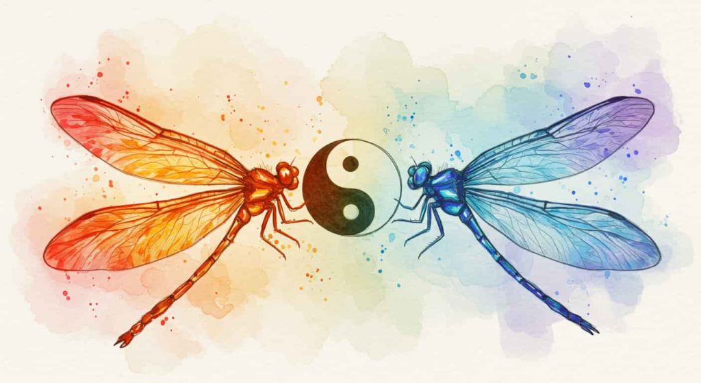An impressionistic sketch of two dragonflies facing each other, one in warm colors and the other in cool colors, with a yin-yang symbol between them, representing dual energies and balance.