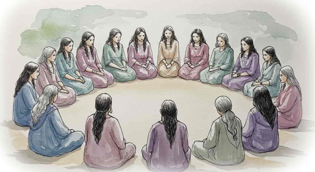 An impressionist watercolor and pen sketch showing women of different ages gathered in a circle, symbolizing the sharing of feminine wisdom related to menstrual-birthday alignment.