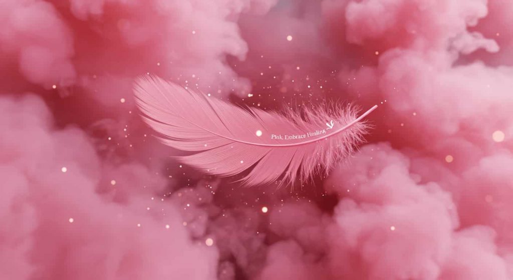 A hyperrealistic close-up 3D rendering shows a single, perfect pink feather drifting downwards against a backdrop of swirling, opalescent pink smoke. The detail and ethereal beauty symbolize the soothing and healing properties of pink in relation to emotional well-being. Text: Pink: Embrace Healing.