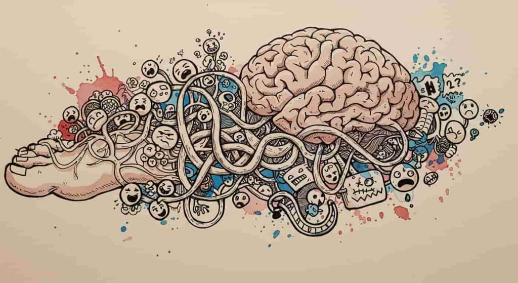 Doodle sketch of a brain connected to a right foot by nerve-like lines, with icons representing various emotions and psychological states, illustrating the mind-body connection in foot pain.