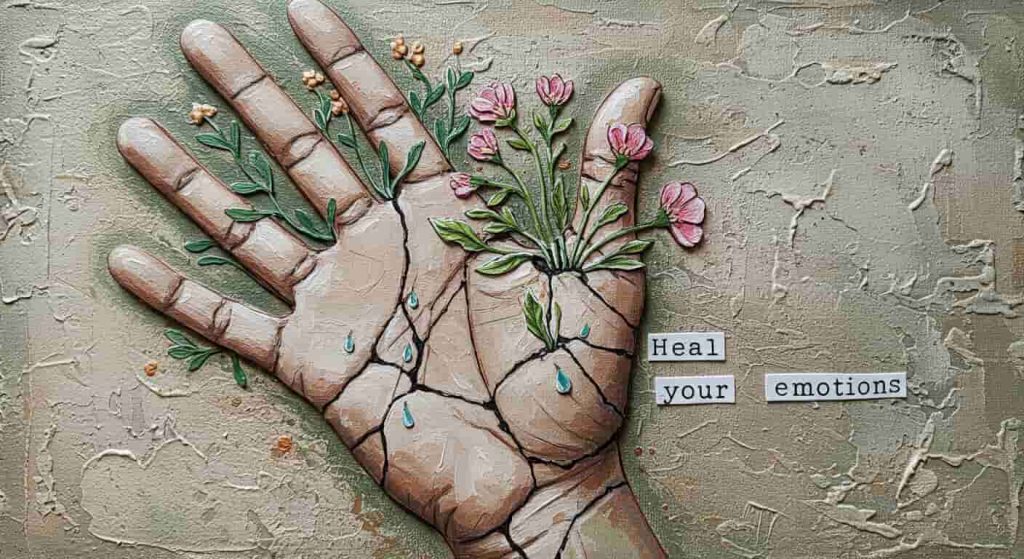 A mixed-media image of a cracked hand with flowers growing from the cracks, symbolizing emotional release and healing. Text reads: "Heal your emotions."