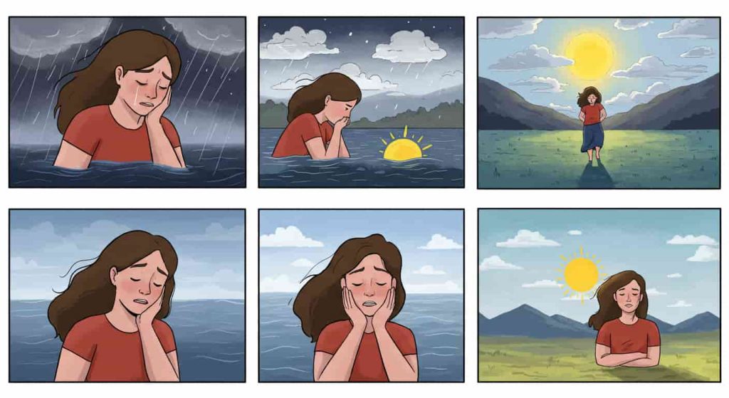 A comic depicting a woman's emotional journey from turbulent to calm, representing the emotional release and healing aspect of the menstrual-birthday alignment.