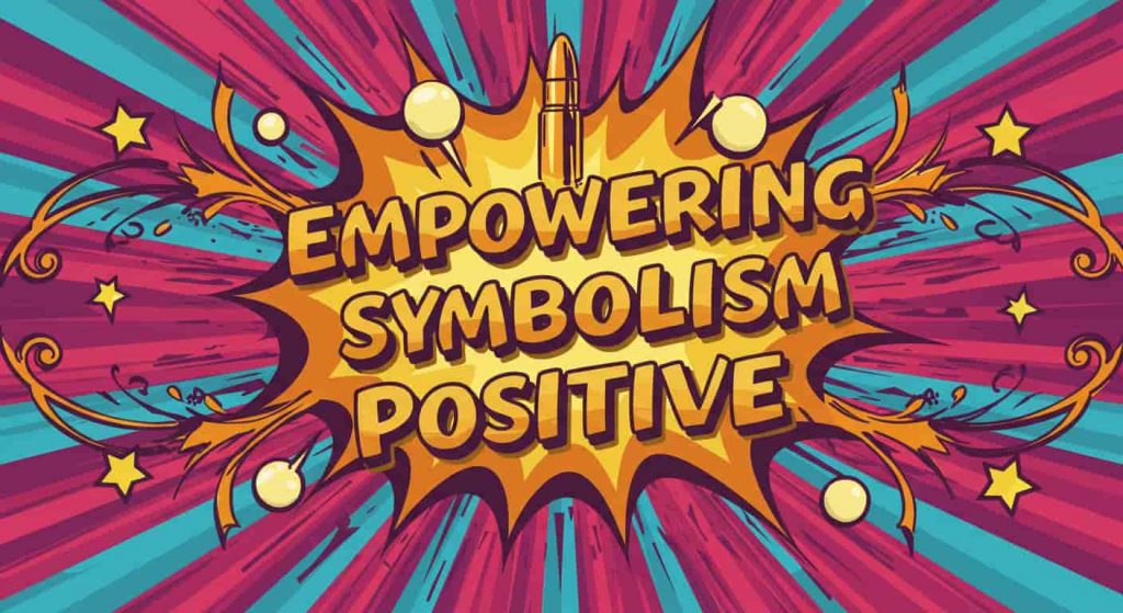 Vibrant pop art image in Peter Max style: "Empowering Symbolism Positive" in small, radiant typography; central glowing bullet emitting energy bursts, surrounded by stars and upward arrows, against a dynamic, swirling pop art backdrop, conveying optimistic power.
