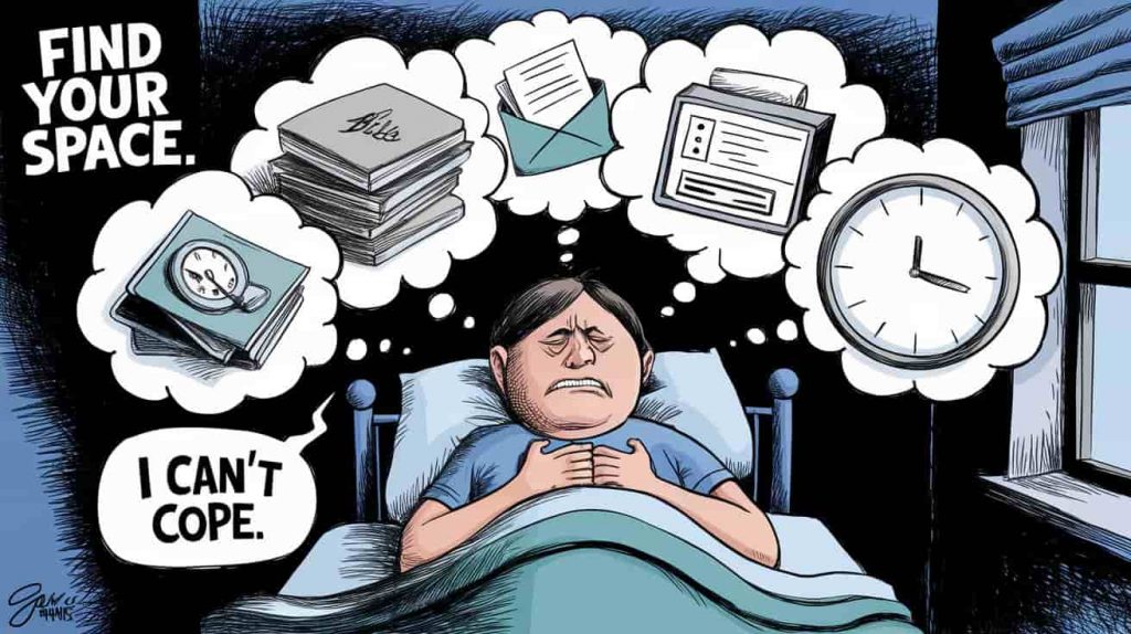 Editorial cartoon of a person in bed, overwhelmed by thought bubbles depicting modern life pressures, representing feeling suffocated in waking life and its connection to waking up gasping for air.
