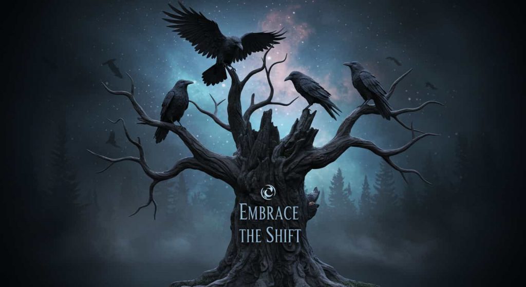 A 3D dark fantasy painting depicts four crows on an ancient tree in a misty moonlit forest, symbolizing spiritual awakening and transformation.